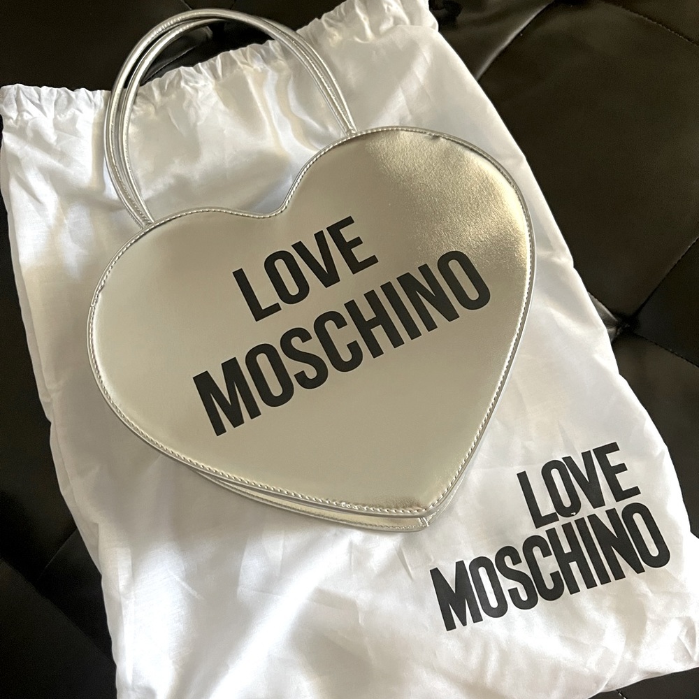 LOVE MOSCHINO Metallic Heart Top Handle Bag SILVER , One Size BRAND NEW